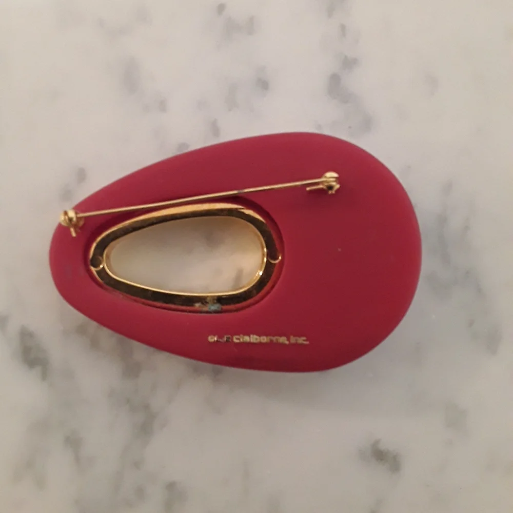 Liz Claiborne Vintage Goldtone  and Red Oval Brooch